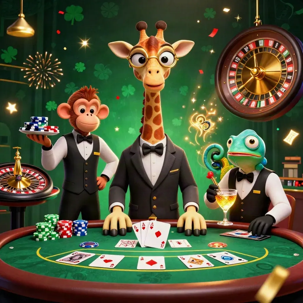 Giraffe, monkey, and chameleon in a luxe casino scene with chips, cards, confetti, and fireworks.