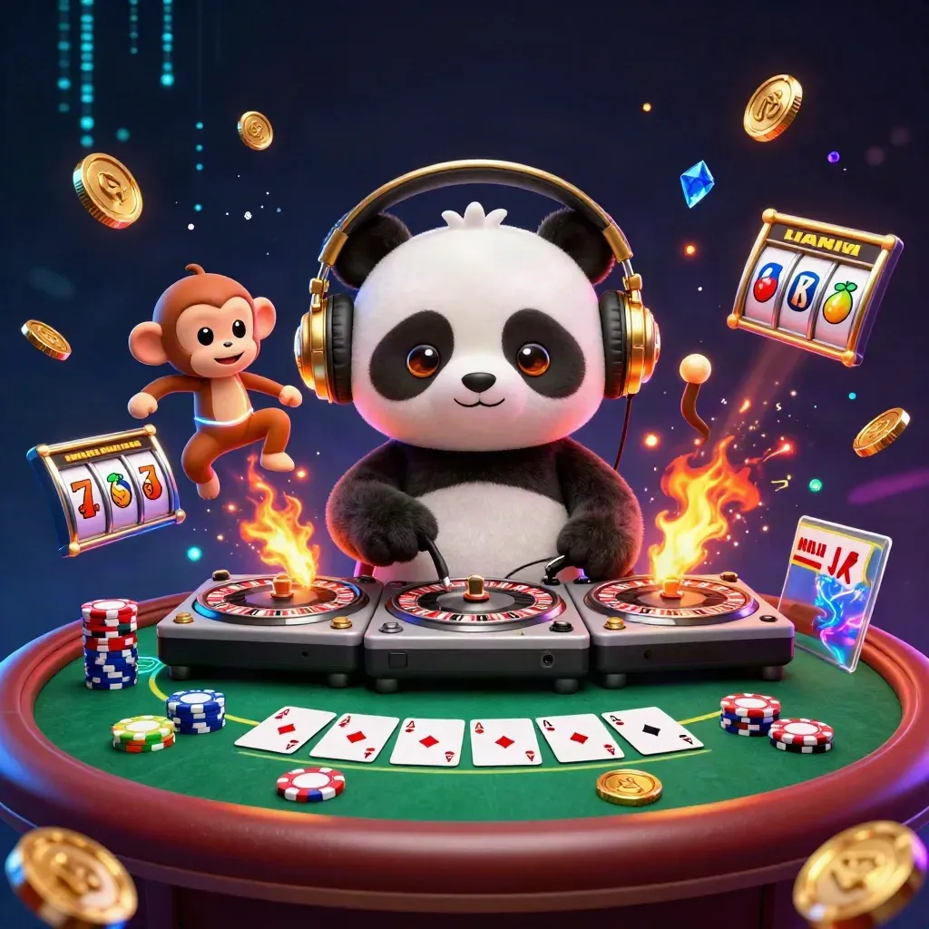 DJ panda, breakdancing monkey and glow-stick kitten amid fiery casino props and neon energy.