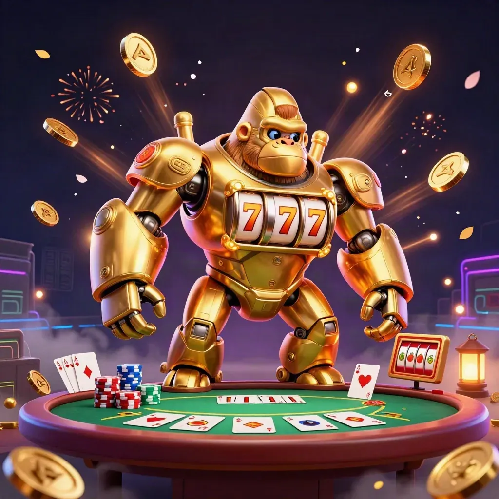 Golden gorilla mech with monkey pilot amid chips, cards, reels, coins, and fireworks.