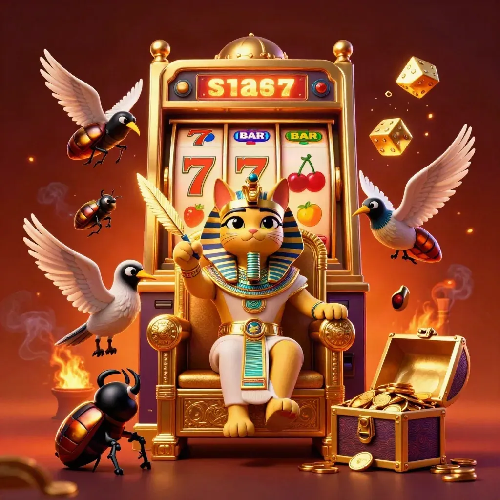 Pharaoh cat on throne with ibis, scarabs, slot burst, dice and gold in fiery casino glow.
