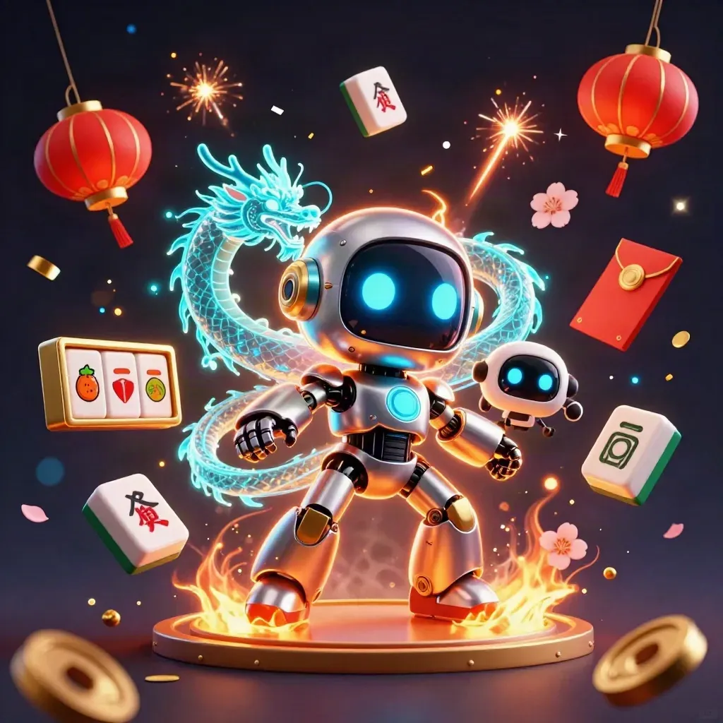 Robot mascot, holographic dragon, and coin drone amid casino symbols, gold confetti, and fiery neon effects.