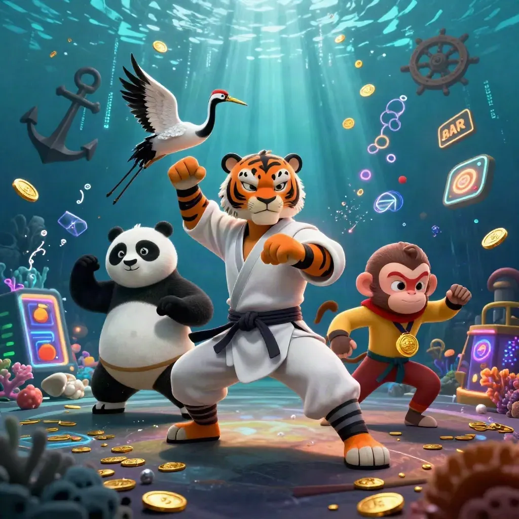 Kung-fu tiger, panda, and monkey in an underwater casino cove with gold coins and neon energy