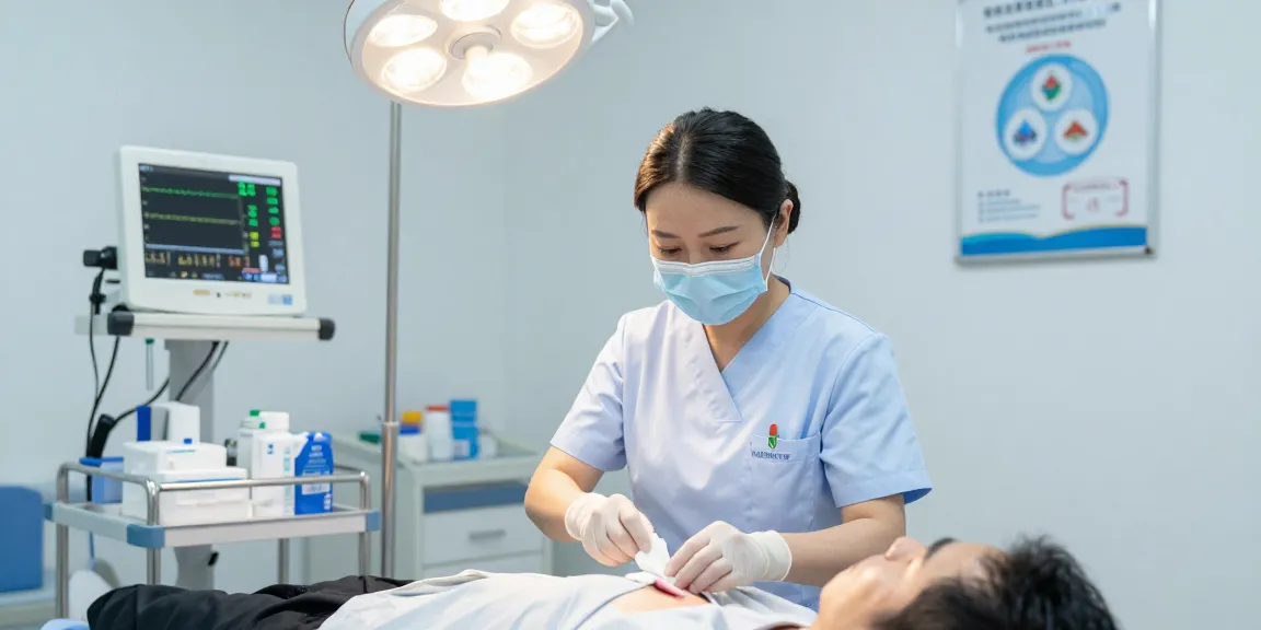 Healthcare professional applying sterile gauze to a patient's wound in a clinical setting